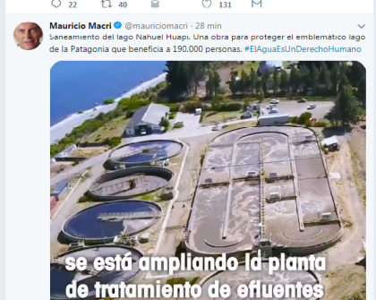 Macri se refirió al lago Nahuel Huapi en el Día Mundial del Agua. Foto: Twitter.
