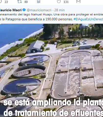 Macri se refirió al lago Nahuel Huapi en el Día Mundial del Agua. Foto: Twitter.