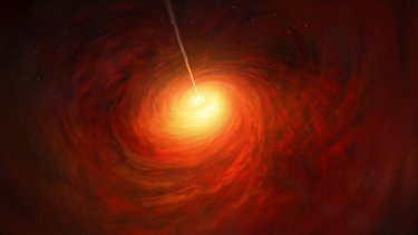 This artist’s impression depicts the black hole at the heart of the enormous elliptical galaxy Messier 87 (M87). This black hole was chosen as the object of paradigm-shifting observations by the Event Horizon Telescope. The superheated material surrounding the black hole is shown, as is the relativistic jet launched by M87’s black hole.