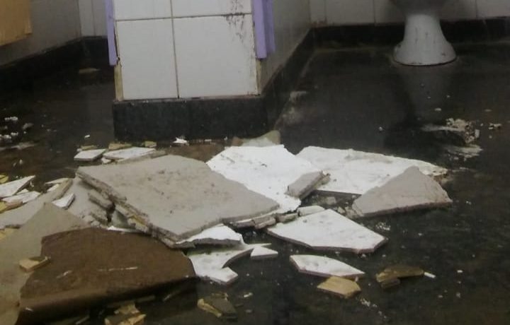 Seis placas de yeso se cayeron el lunes en uno de los baños de la Escuela 268 de Senillosa. (Gentileza).-