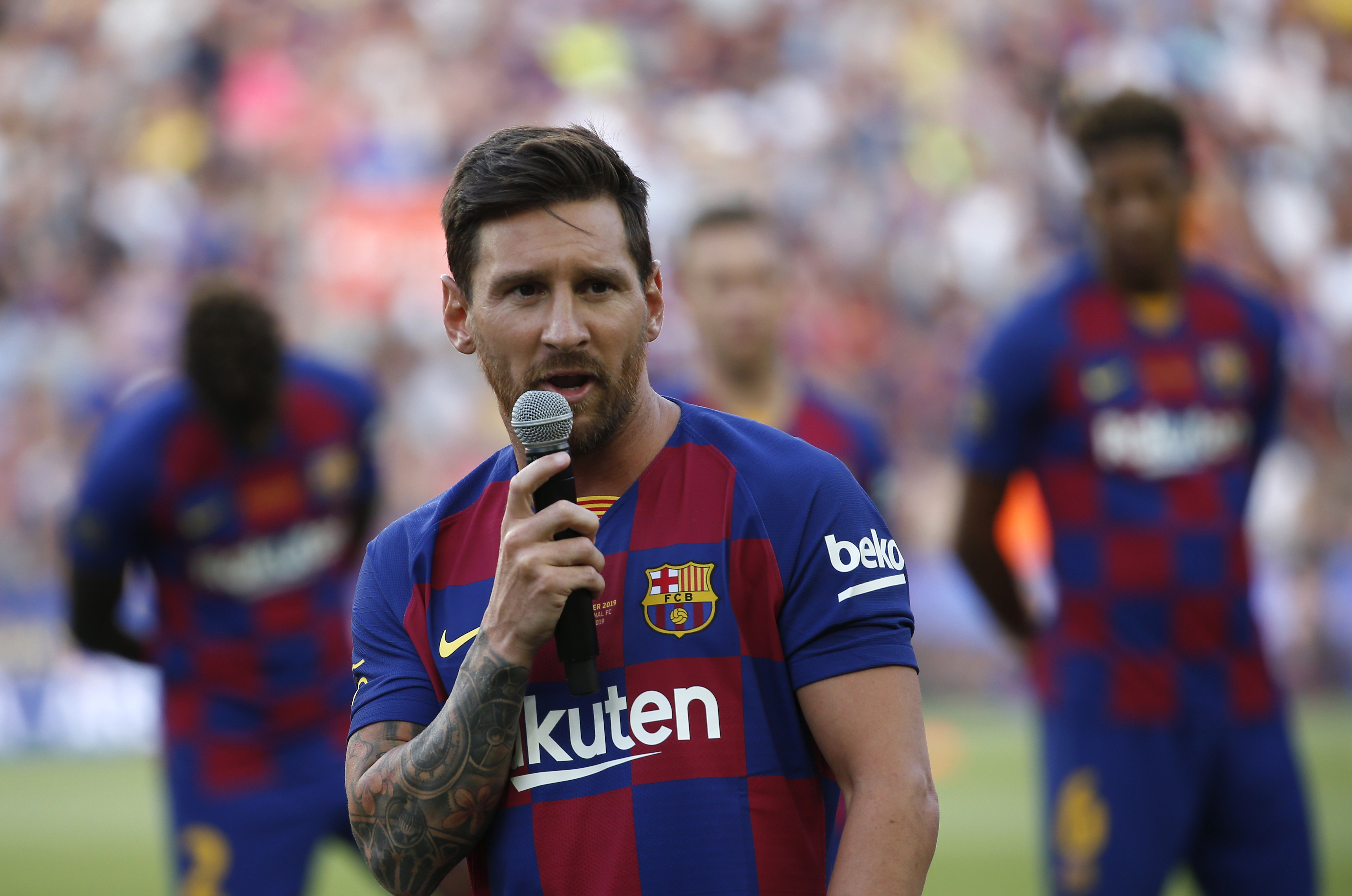 Messi en la presentación de la temporada en el Barcelona.