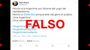 Es falso el tuit en el que el ex presidente uruguayo José Mujica felicitó a la Argentina y a Alberto Fernández por el triunfo del Frente de Todos
