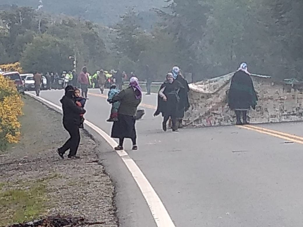 Mujeres, niños y jóvenes cruzaron banderas y encendieron neumáticos en la ruta 40.