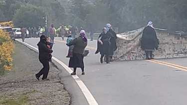 Mujeres, niños y jóvenes cruzaron banderas y encendieron neumáticos en la ruta 40.