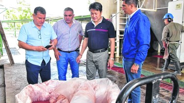 Un empresario chino y autoridades del matadero observan la producción de harina de sangre.