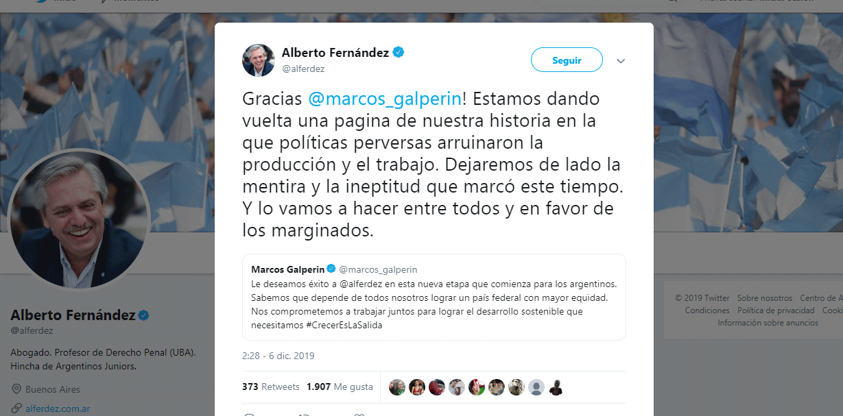 La respuesta de Fernández a Galperin en Twitter.