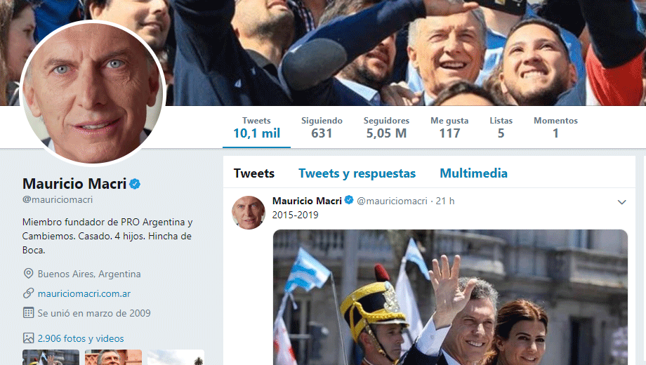 Actualización en el perfil de Mauricio Macri en Twitter.