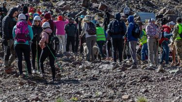 El corderito se mezcló entre los participantes del trekking y fue de los primeros en hacer cumbre en el norte neuquino. 
