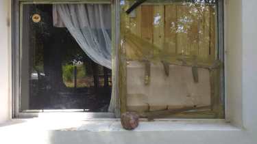 Una ventana en la escuela de Corralito, tapada con maderas y cartón. Gentileza