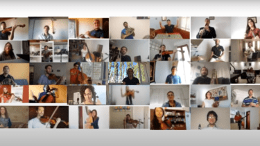 La orquesta Sinfónica de los Neuquinos, interpretando el himno provincial desde sus casas durante la cuarentena. 