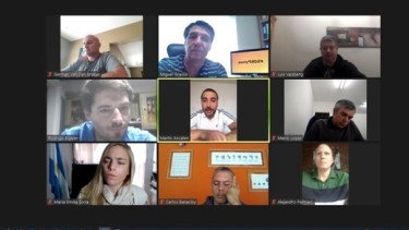 Comerciantes, empresarios, ministros, Soria y Palmieri, en la videoconferencia de este mediodía.