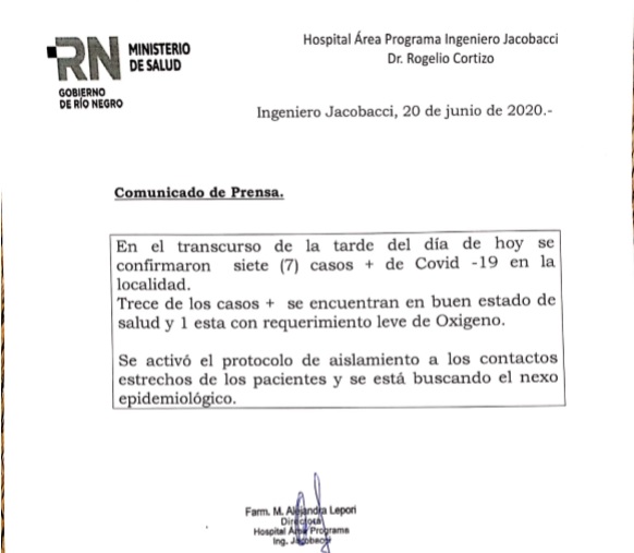 El hospital de Jacobacci emitió un comunicado dando a conocer el estado de salud de los pacientes. (Foto: José Mellado)