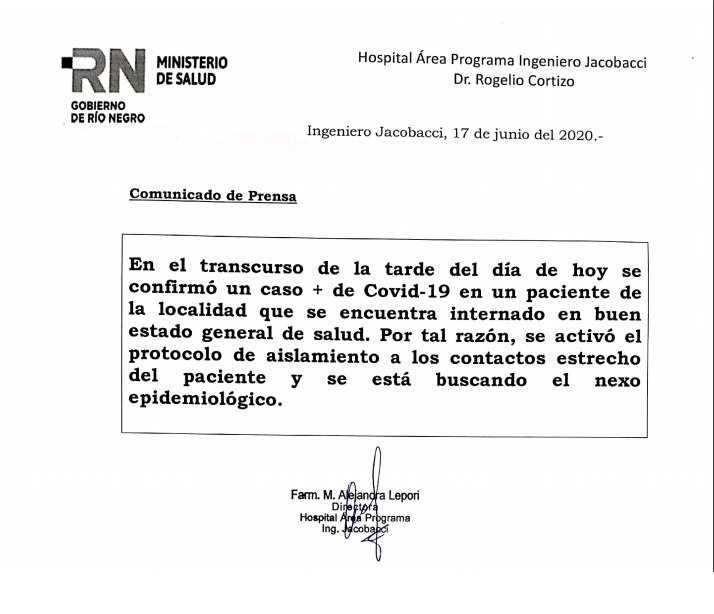 El hospital de Jacobacci emitió un comunicado dando a conocer a la población el nuevo caso de COVID-19. 