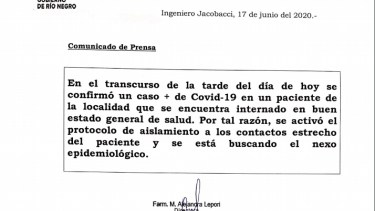 El hospital de Jacobacci emitió un comunicado dando a conocer a la población el nuevo caso de COVID-19. 