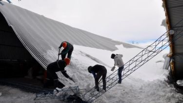 Trabajadores de la empresa despejan la nieve para tratar de rearmar el lugar y poder retomar la producción. (Foto. José Mellado)