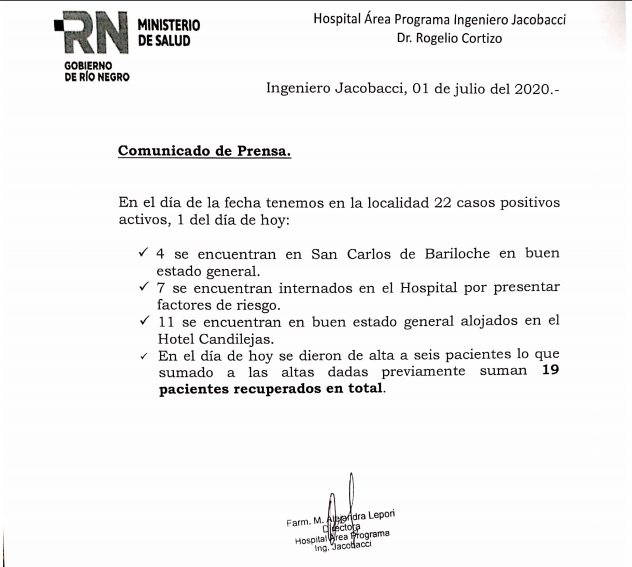 Anoche, el hospital de Jacobacci volvió a emitir un comunicado detallando la situación epidemiológica por COVID. 19, en la ciudad.