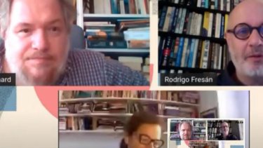 Enard y Fresán, junto a la moderado de la charla, la crítica y traductora Flavia Pittella.