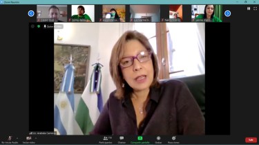 La mandataria durante el encuentro virtual con los dirigentes de ATE. Foto: gentileza.