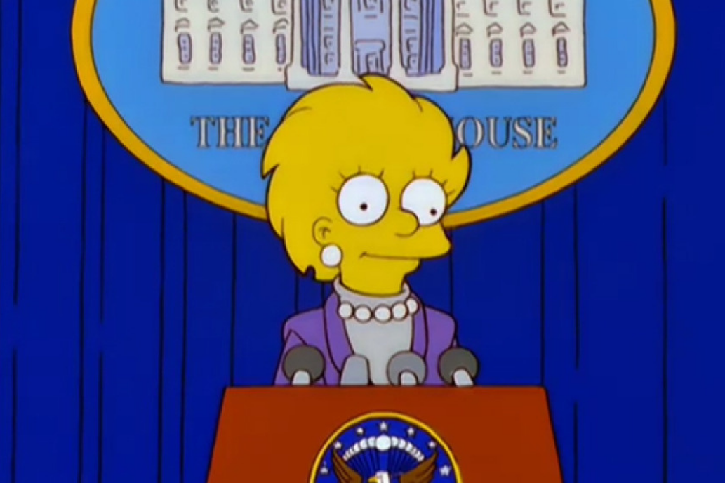 En un recordado episodio. Lisa Simpson llega a la presidencia de los Estados Unidos. 