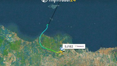 This radar image shows the flight path of Indonesian Sriwijaya Air Flight 182 before it dropped off radar, Saturday, Jan. 9, 2021. The Sriwijaya Air passenger jet carrying 62 people lost contact with air traffic controllers after taking off from Indonesias capital on Saturday on a domestic flight, officials said. (Flightradar24.com via AP) Indonesia Plane