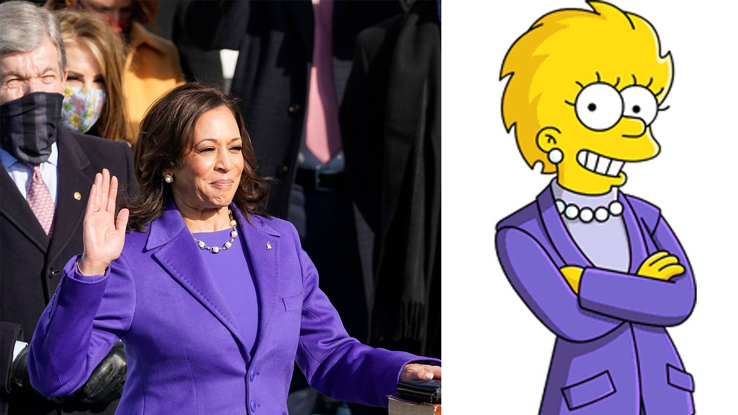 Harris utilizó un traje del mismo color que Lisa cuando asume como presidenta. El plus fueron las perlas.- 