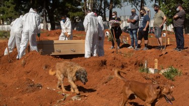 Los trabajadores no dan abasto en el cementerio Vila Formosa en San Pablo, Brasil. (AP/Andre Penner)
