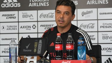Marcelo Daniel Gallardo, DT de River, en la conferencia de prensa de hoy. 