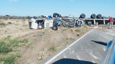 El camión quedó con sus cuatro ruedas hacia arriba tras volcar cerca de La Adela. (Foto Jorge Tanos)