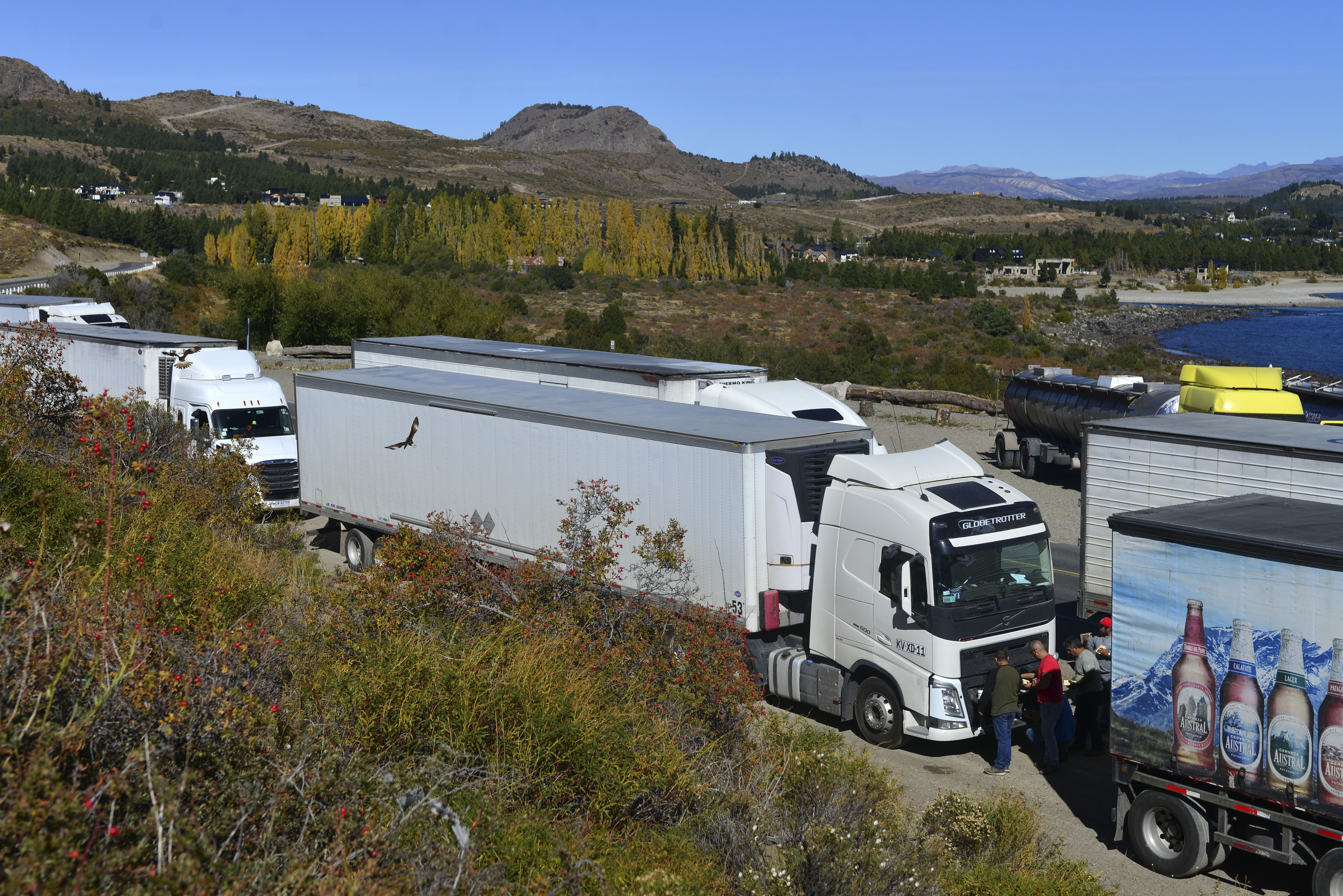 Camiones esperan a la vera de la ruta 40, cerca del puente del río Limay, para poder avanzar hacia Chile. Foto: Alfredo Leiva