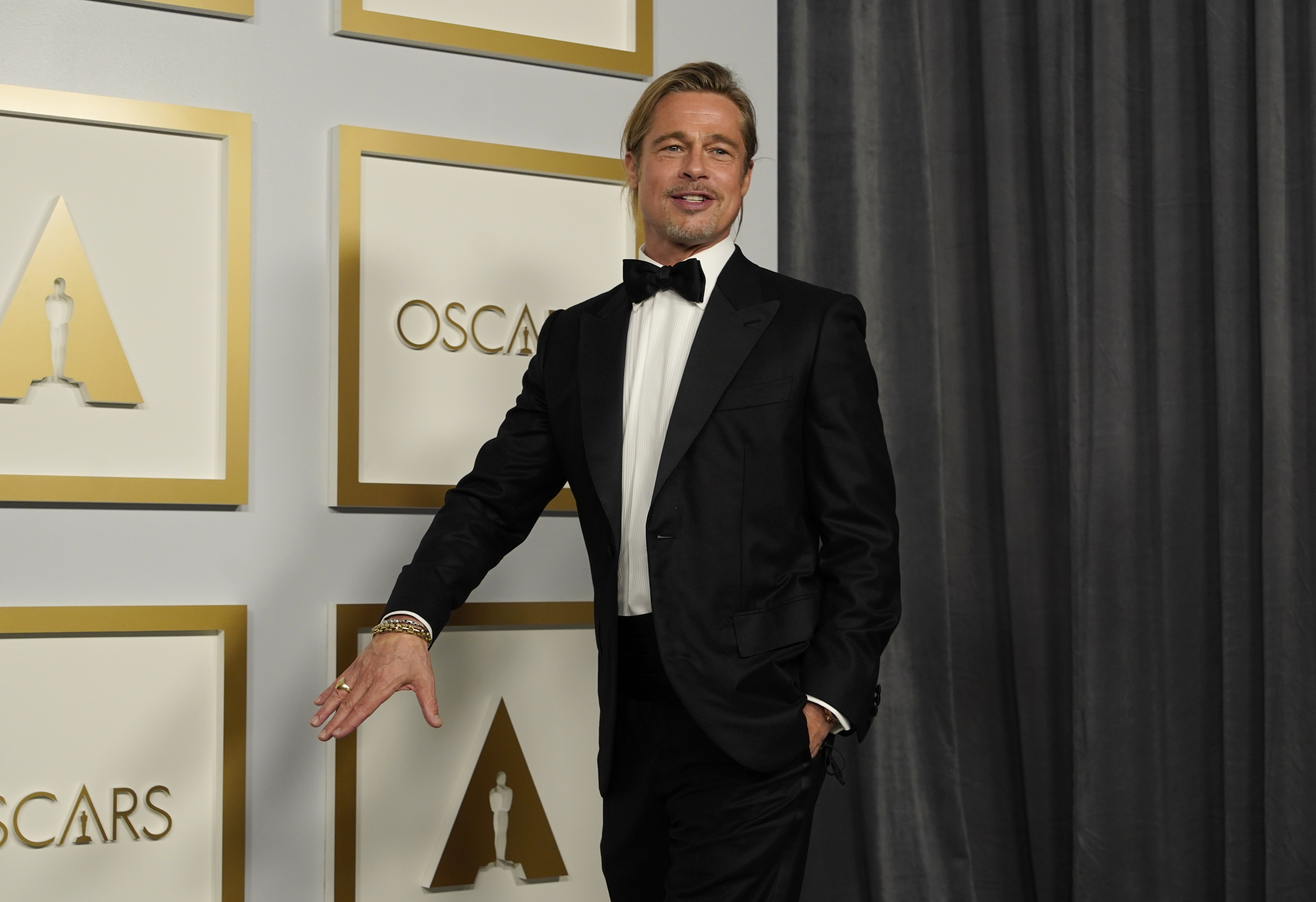 Brad Pitt poses in the press room at the Oscars on Sunday, April 25, 2021, at Union Station in Los Angeles. (AP Photo/Chris Pizzello, Pool)
