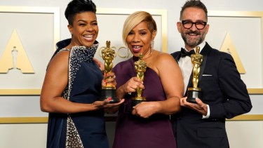 Mia Neal, from left, Jamika Wilson and Sergio Lopez-Rivera, winners of the award for best makeup and hairstyling for "Ma Rainey's Black Bottom," pose in the press room at the Oscars on Sunday, April 25, 2021, at Union Station in Los Angeles. (AP Photo/Chris Pizzello, Pool)