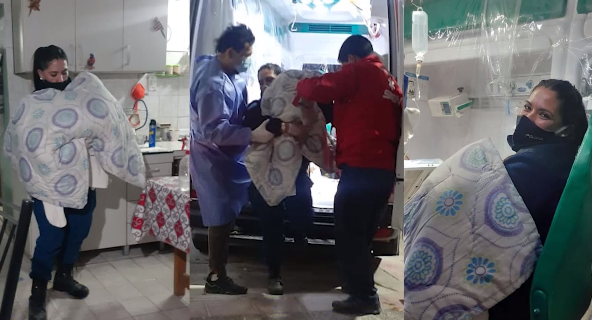 Páez cobijó a la recién nacida mientras los médicos asistían a su mamá. Foto: Captura de video  Policía de Neuquén