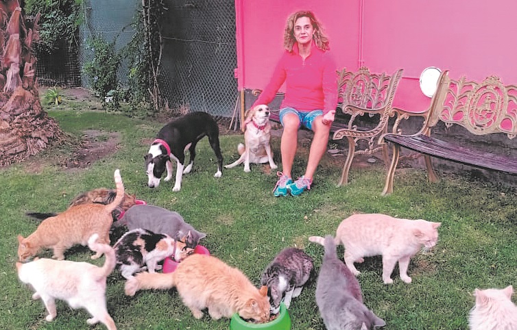 Fernanda en el patio con algunos de los 30 gatos rescatados y 3 perras