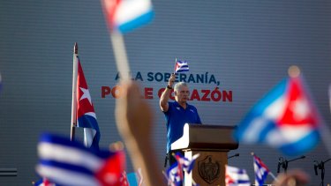 El presidente cubano, Miguel Diaz Canel, lideró un acto partidario hoy en La Habana. (Foto: AP)