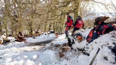 En pleno trabajo de traslado de nieve en Chapelco, a 19 km de San Martín de los Andes. 