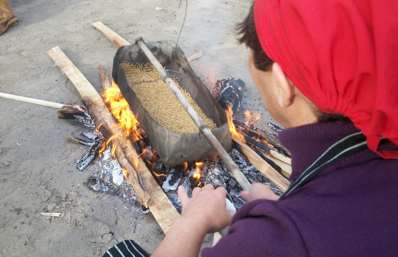 El trigo se coloca en la cayana para ser tostado a fuego muy lento, mientras de lo mueve constantemente.
