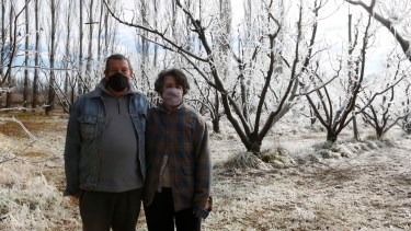 Durante toda la noche, los aspersores estuvieron prendidos para defender a las plantas de las heladas y Cristian y Mari posan frente al monte frutal. Foto: Juan Thomes.