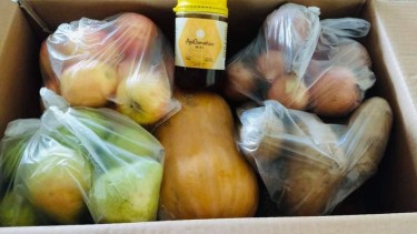 La provincia estableció en pandemia la entrega de módulos de productos frescos con verduras, frutas, miel y nueces de la región para los chicos de las escuelas. Archivo