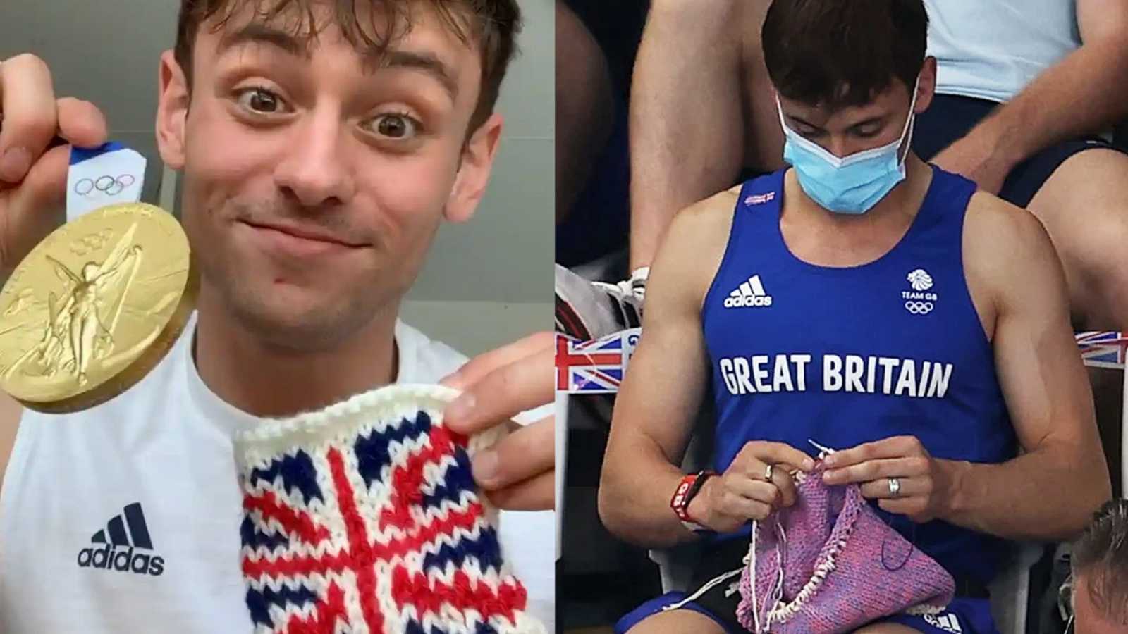 Tom Daley, el atleta que se volvió viral por tejer mientras espera su competencia. 