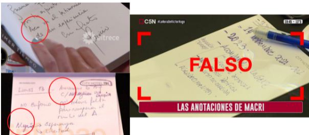 A la izquierda, la letra de Macri en la dedicatoria a Juana Viale y en la foto de Maximiliano Luna (Infobae); a la derecha la foto falsamente atribuida a Macri. (Reverso)
