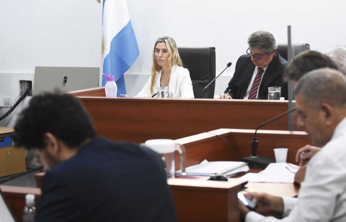 El juez Matcelo Gómez y la jueza Florencia Caruso, en una de las audiencias del juicio.  (Florencia Salto) 