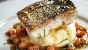 Merluza con puré, salsa de oporto y panceta