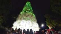 Imagen de El árbol de Navidad con botellas recicladas ya ilumina Plaza Huincul