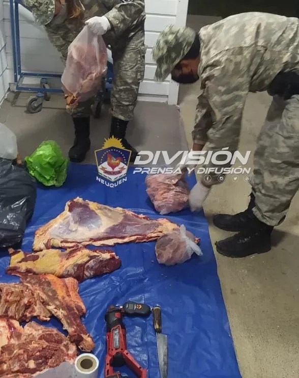 La carne decomisada fue entrega a Bromatología de la Municipalidad de Junín de los Andes (Policía del Neuquén)