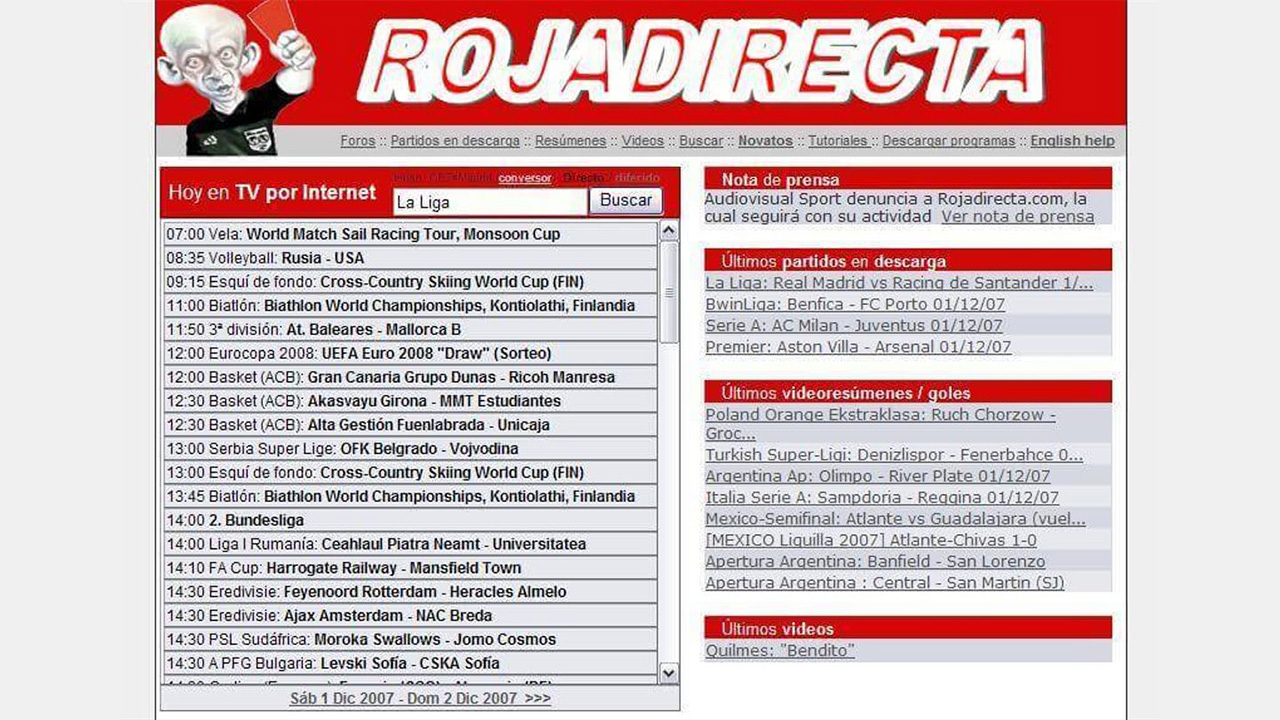 El sitio Roja Directa permitía ver partidos de todo el mundo de forma gratuita.