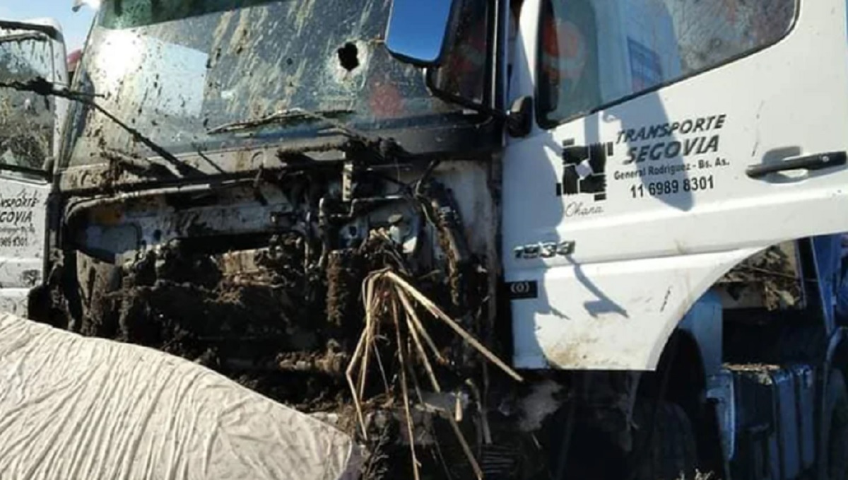 En la imagen se observa que el camión presenta un piedrazo en el parabrisas.