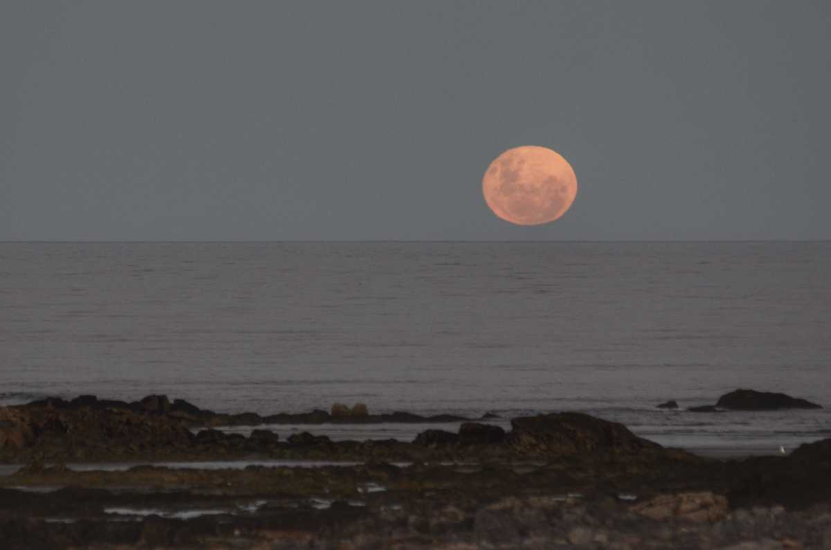 La luna y una imagen perfecta junto al mar en Las Grutas. (Foto: Martín Brunella)