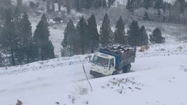 Un camión quedó cruzado en cercanías del acceso a la estancia El Cóndor. Foto: gentileza. 