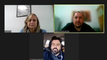 Los secretarios generales de ATE, Rodrigo Vicente, de Unter Sandra Schieroni, y de Sitrajur, Emiliano Sanhueza, se reunieron virtualmente. Foto Gentileza.