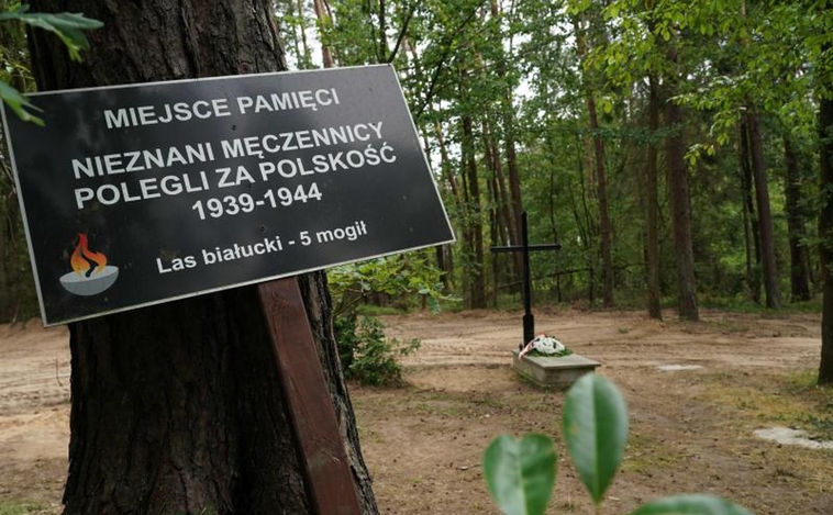 "Lugar conmemorativo - Mártires desconocidos que  murieron por ser polacos - Bosque de Bialucki", dice el letrero. 